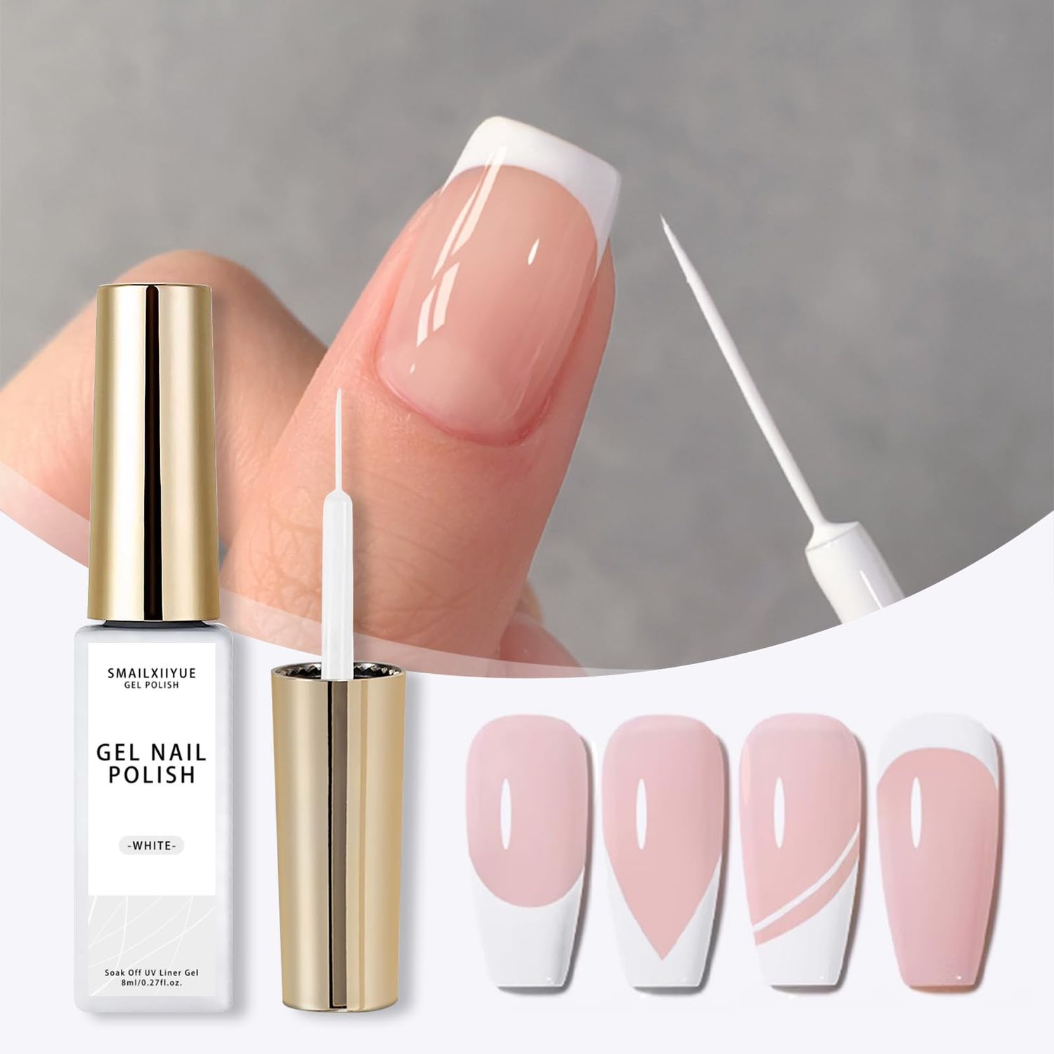 SMAILXIIYUE White Gel Nail Polish for French Tip, Color Nail Art Paint for Thin French Gel Liner Nail Art Soak off UV Curing Manicure Salon (White, M)
