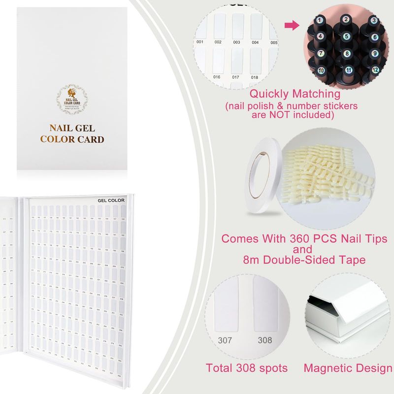 308 Nail Color Chart Display, UV Gel Polish Book Nail Painting Practice Design Board, Fake Tips Nails Sample Display Nail Art for Nail Salons, DIY Nail Art at Home