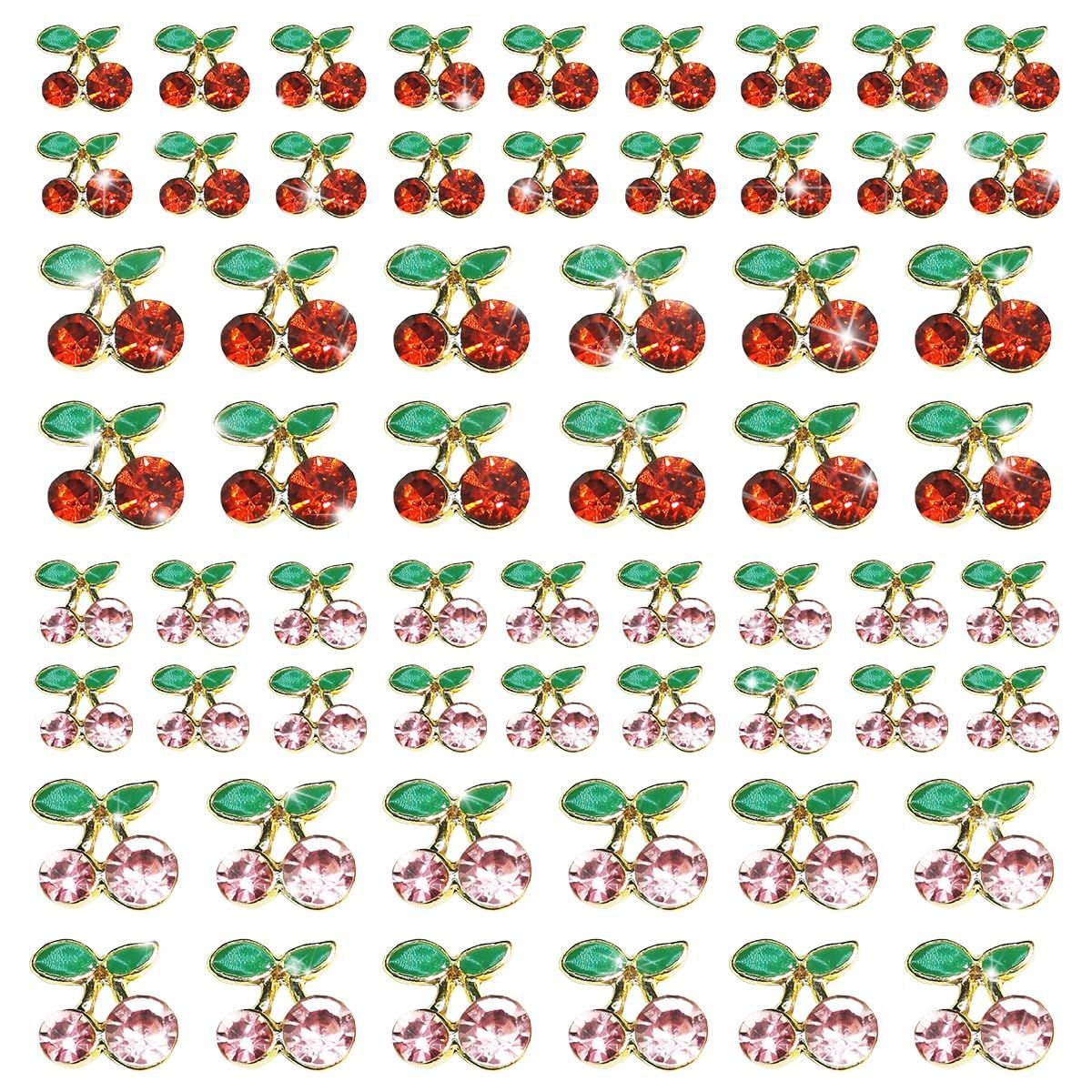 qiipii 60 Pcs 3D Cherry Nail Charms Cherry Nail Rhinestones Nail Art Shiny Gems Nail Studs Cute Fruit Nail Diamond Crystal Luxury Jewelry for Nails Face Makeup Women Crafts DIY(Pink/Red Gold, 6mm/8mm)