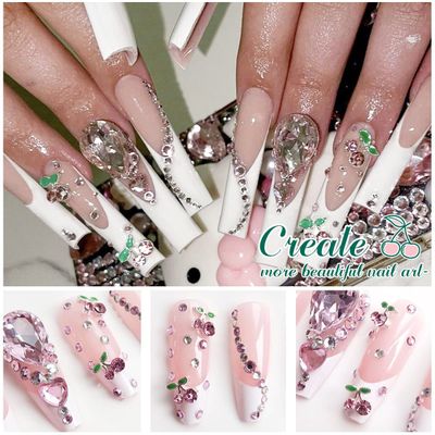 qiipii 60 Pcs 3D Cherry Nail Charms Cherry Nail Rhinestones Nail Art Shiny Gems Nail Studs Cute Fruit Nail Diamond Crystal Luxury Jewelry for Nails Face Makeup Women Crafts DIY(Pink/Red Gold, 6mm/8mm)