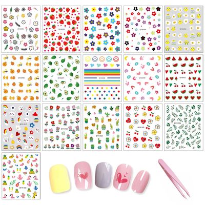 HAIIDOAK 16 Sheets Nail Stickers with Tweezer, Self-Adhesive 3D Nail Decals for Women, Kids, and Little Girls - Manicure Accessories Set for Stylish Nails