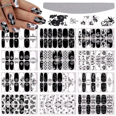 EBANKU 12 Sheets Black White Nail Polish Strips, Full Wrap Adhesive Nail Polish Stickers with 1 Nail File, Leaves Flower Vine Pattern Nail Wrap Stickers for Women Nail Art Decorations