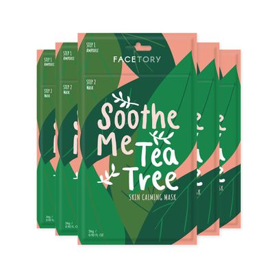 FACETORY K Beauty Face Mask Skin Care - Soothe Me Tea Tree 2-Step Sheet Mask with Tea Tree Extract &amp; Chamomile Soothing Ampoule | Skin Calming, Acne Clearing (5 Pack)