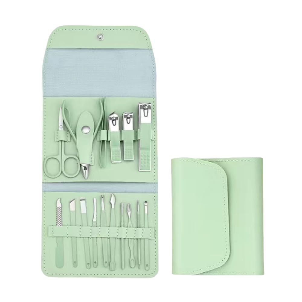 MocareHealth 16 in 1 Nail Kit, Stainless Steel Manicure Kit, Pedicure Tools for Feet, Nail Care Tools, Luxury Leather Case, Matcha Green