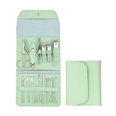 MocareHealth 16 in 1 Nail Kit, Stainless Steel Manicure Kit, Pedicure Tools for Feet, Nail Care Tools, Luxury Leather Case, Matcha Green