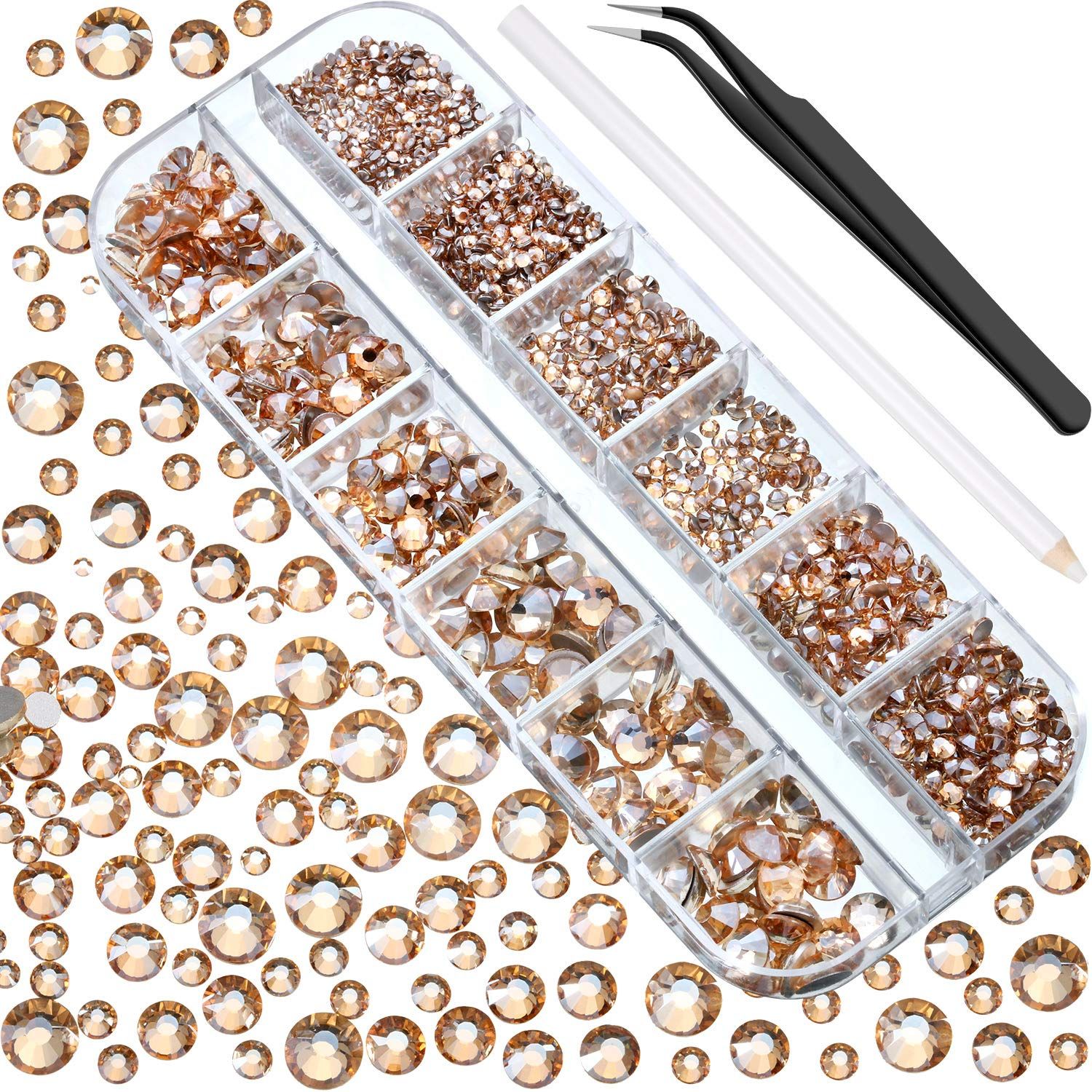 2000 Pcs Champagne Crystal Rhinestones Bulk for Crafting 6 Sizes Flatback Nail Rhinestones Round Bedazzling Gems with Tweezer Picking Pen for Nail Art Makeup Clothes Shoes DIY