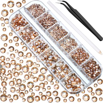 2000 Pcs Champagne Crystal Rhinestones Bulk for Crafting 6 Sizes Flatback Nail Rhinestones Round Bedazzling Gems with Tweezer Picking Pen for Nail Art Makeup Clothes Shoes DIY