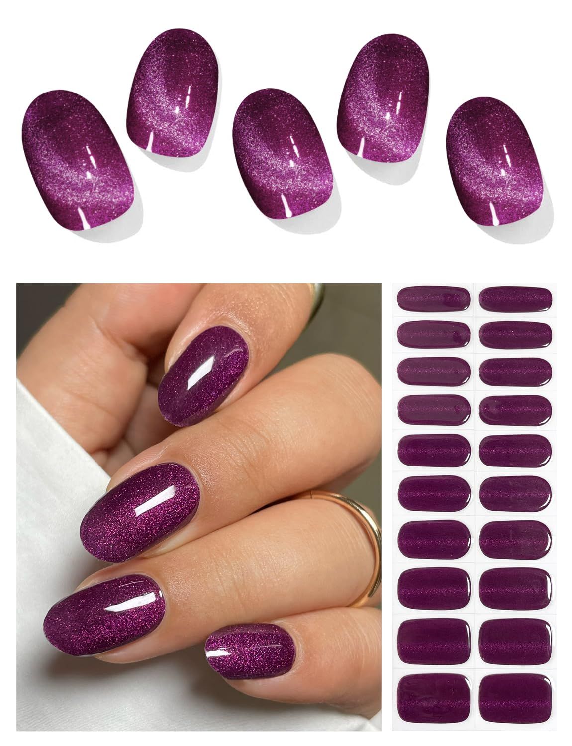 AutyaMee Semi Cured Gel Nail Strips (Deep Plum Cat Eye), Dark Purple, 20 Pcs Gel Nail Wraps, Stickers, UV Light Required, Salon Quality, Long Lasting