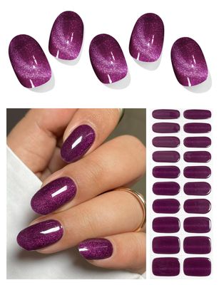 AutyaMee Semi Cured Gel Nail Strips (Deep Plum Cat Eye), Dark Purple, 20 Pcs Gel Nail Wraps, Stickers, UV Light Required, Salon Quality, Long Lasting