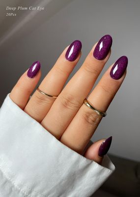 AutyaMee Semi Cured Gel Nail Strips (Deep Plum Cat Eye), Dark Purple, 20 Pcs Gel Nail Wraps, Stickers, UV Light Required, Salon Quality, Long Lasting