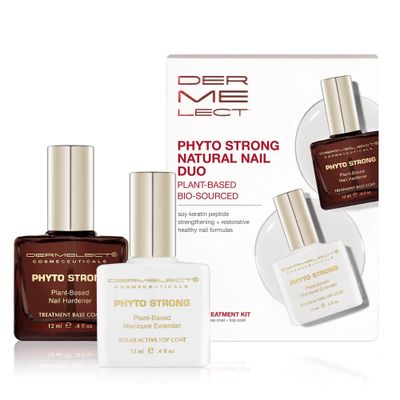 Dermelect Cosmeceuticals Phyto Strong Natural Nail Duo (2 full size pcs) Protein-Peptide Infused Base Coat &amp; Top Coat Set, Strengthening, Hardening, for All Nail Types, Plant-Based, Vegan, Non-Toxic