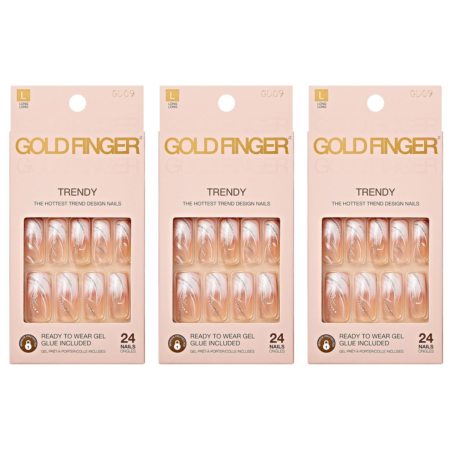 Gold Finger Gel Glam Design Nails (3 PACK)