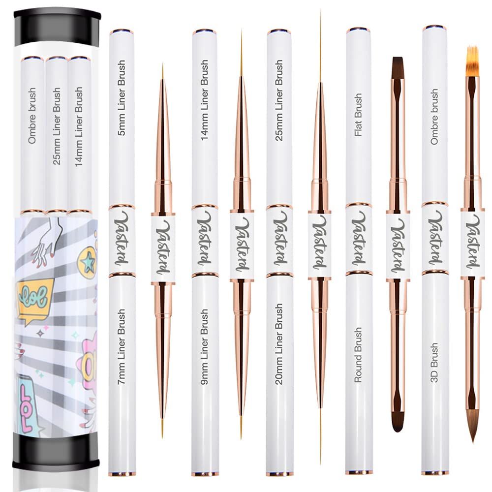 Yasterd Nail Art Brushes Set - Professional 5pcs Double-Ended Acrylic Nail Art Brushes Liner Detail Thin Brushes for Drawing Design Brushes Gel Builder Brushes 3D Nail Art Tools for Salon at Home D...