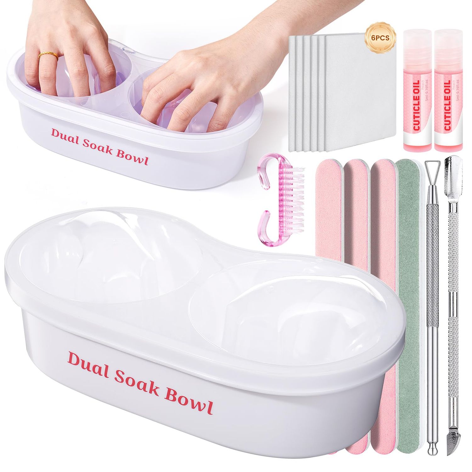 Rosiour Dual Nail Soaking Bowl: Acetone Gel Nail Polish Remover, Soak Off Bowl with Acrylic Nail Remover Kit, Dip Powder Remover Manicure Bowl for Salon and Home Use(White)