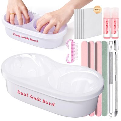 Rosiour Dual Nail Soaking Bowl: Acetone Gel Nail Polish Remover, Soak Off Bowl with Acrylic Nail Remover Kit, Dip Powder Remover Manicure Bowl for Salon and Home Use(White)