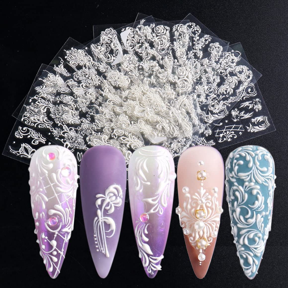 French Nail Art Sticker Decals 5D Embossed French Pattern Roses White Nail Art Accessories Self-Adhesive Nail Art Supplies Decoration Retro Classic Acrylic Nails Design, 8 Sheets