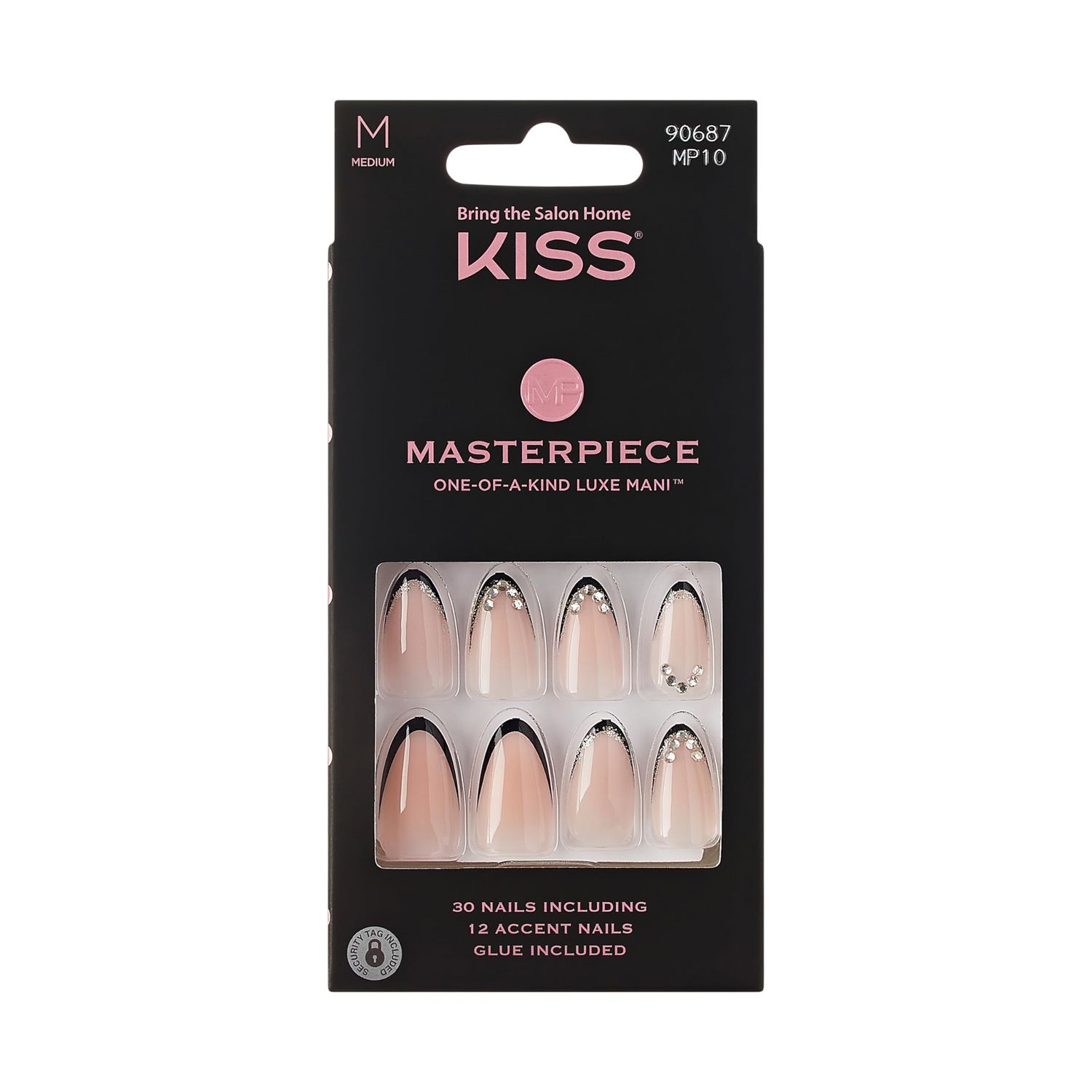 KISS Masterpiece, Press-On Nails, Nail glue included, , Black, Medium Size, Almond Shape, Includes