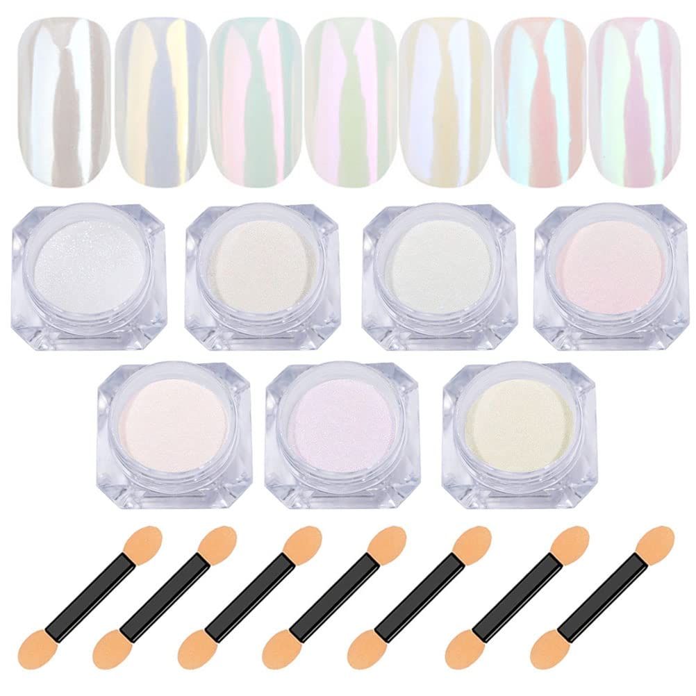 7 Colors White Pearl Chrome Nail Powder Aurora Metallic Nail Powder Holographic Mirror Effect Chrome Powder Iridescent Shell Powder Glitter Nail Art Pigment Manicure for Nails (White Pearl)