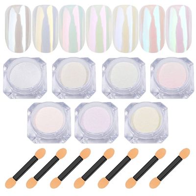 7 Colors White Pearl Chrome Nail Powder Aurora Metallic Nail Powder Holographic Mirror Effect Chrome Powder Iridescent Shell Powder Glitter Nail Art Pigment Manicure for Nails (White Pearl)