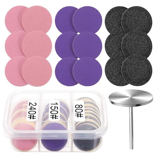 61 Pcs Sanding Paper Discs with Metal Nail Drill Bit, 25mm Pedicure Disc Replacement Sanding Disk Pedicure Supplies Tools Foot File for Electric Remover Dead Skin Callus (80150240 Grit)