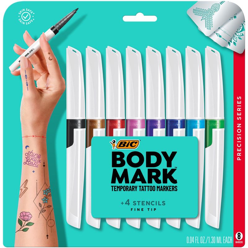 BodyMark Temporary Tattoo Markers for Skin, 8-Count Precision Series, Fine Tip, Assorted Colors, Skin-Safe &amp; Cosmetic Quality, Cruelty-Free, Long Lasting, Stencils Included