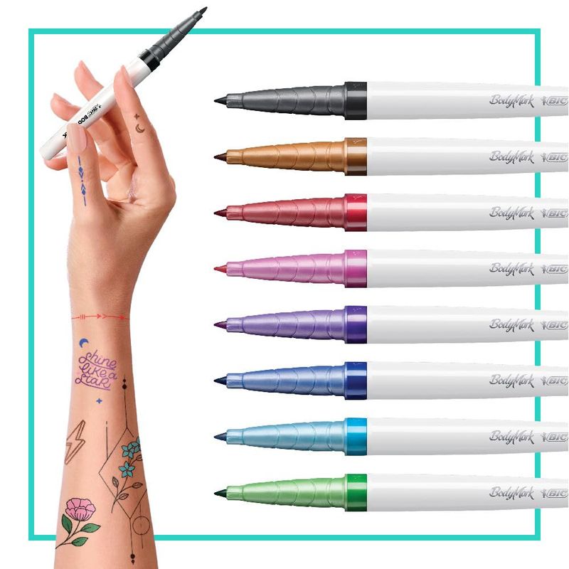 BodyMark Temporary Tattoo Markers for Skin, 8-Count Precision Series, Fine Tip, Assorted Colors, Skin-Safe &amp; Cosmetic Quality, Cruelty-Free, Long Lasting, Stencils Included
