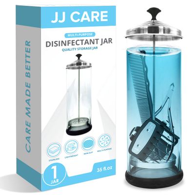 JJ CARE Disinfectant Jar - 35 oz Barber Jar Glass Sanitizer w/Stainless Steel Strainer &amp; Cap - Black Lid