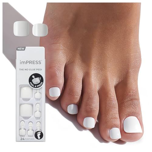 KISS imPRESS Pedicure Press On Toenails, Angel Vibes, White, Short Squoval, Pedicure Nail Kit Includes 24 Press On Toenails, Prep Pad, Mini Nail File, &amp; Pedicure Stick