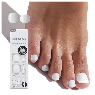 KISS imPRESS Pedicure Press On Toenails, Angel Vibes, White, Short Squoval, Pedicure Nail Kit Includes 24 Press On Toenails, Prep Pad, Mini Nail File, &amp; Pedicure Stick