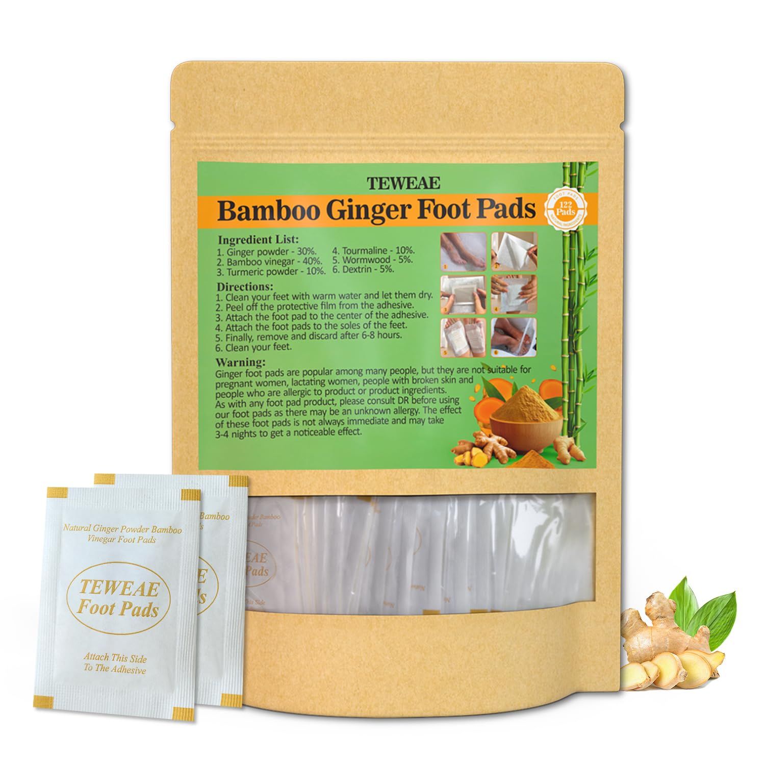 TEWEAE 122 Pads Foot Pads - Turmeric &amp; Ginger Foot Pads, Pure Natural Foot Pads with Ginger, Wormwood, Bamboo Vinegar, Bigger Adhesive Pad Ginger Foot Pads