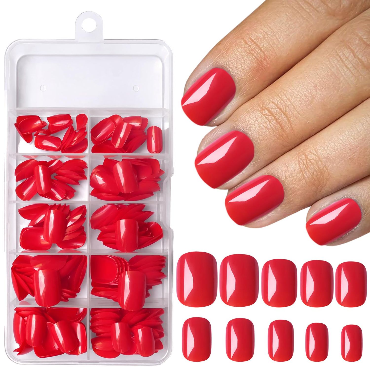AddFavor 240pcs Press on Nails Short Square Fake Nails Glossy Full Cover Acrylic Artificial Glue on Nails Kit for Women and Girls, Red-Hot Nails