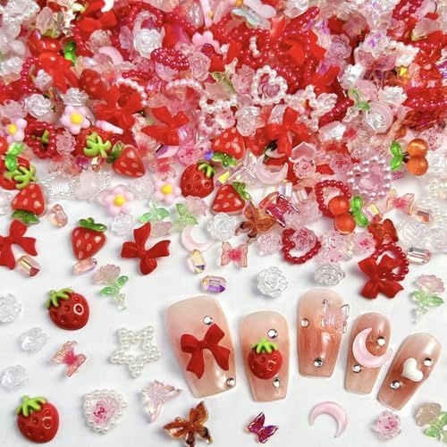 100pcs 3D Pink Red Strawberry Flower Nail Charms Camellia Rose Cherry Butterfly Nail Art Charms Resin Accessories Flatback Heart Bow Charms for Nails Design Moon Star Nail Jewels for Nail Art Supplies