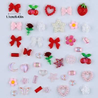 100pcs 3D Pink Red Strawberry Flower Nail Charms Camellia Rose Cherry Butterfly Nail Art Charms Resin Accessories Flatback Heart Bow Charms for Nails Design Moon Star Nail Jewels for Nail Art Supplies