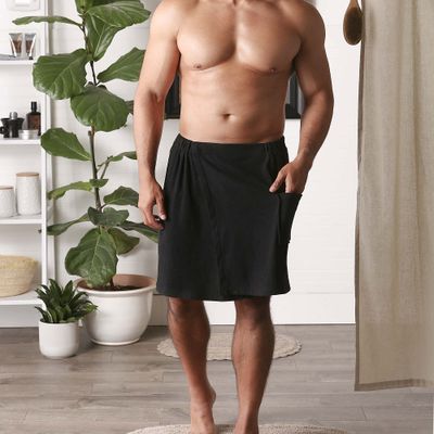 DII Mens Terry Shower Wrap Collection Adjustable with Velcro and Pocket, 54x20, Black