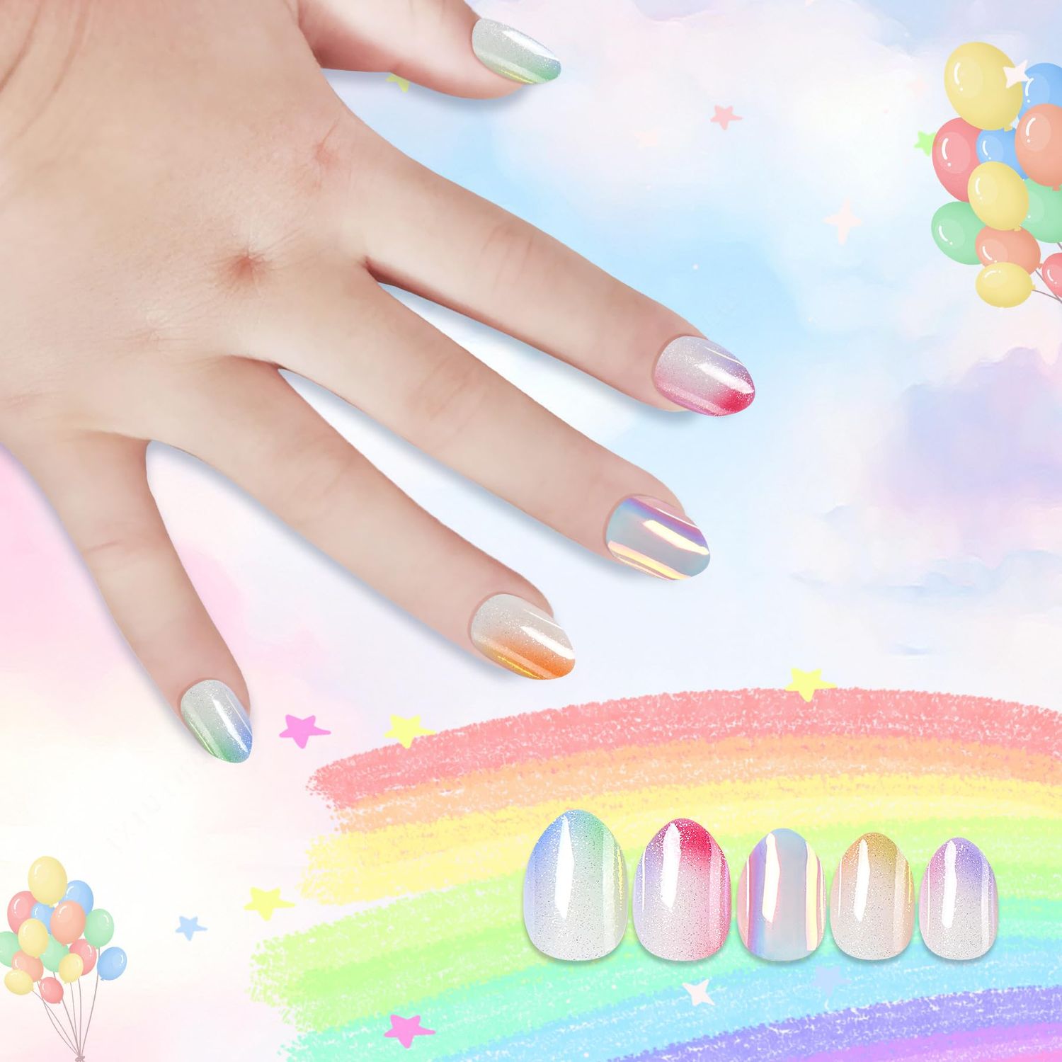Kawyehu Kids Press on Nails Almond Children Fake Nails Artificial Nail Tips Adhesive Full Cover Short False Fingernails for Girls Kids Nail Decoration (Shell Shine)