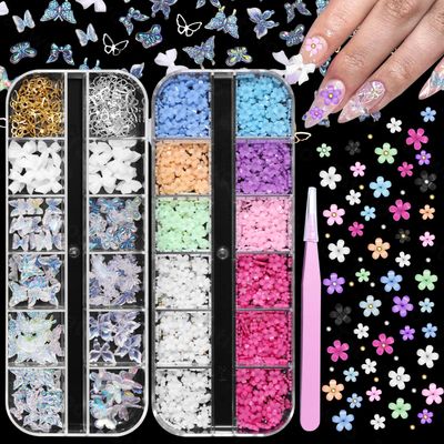 2 Boxes 3D Flower Nail Charms, Colorful Tiny Flowers for Nails Mixed White Bows Butterfly Acrylic Nail Charms, Blossom Flower Bow Butterfly Charms for Nails DIY Nail Accessories