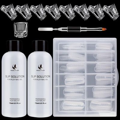 Poly Gel Slip Solution Kit, 5oz Slip Solution for Poly Nail Extension with 120pcs Dual Forms, Clips, Dual-Ended Nail Brush and Crystal Cup for Beginner DIY at Home for Women