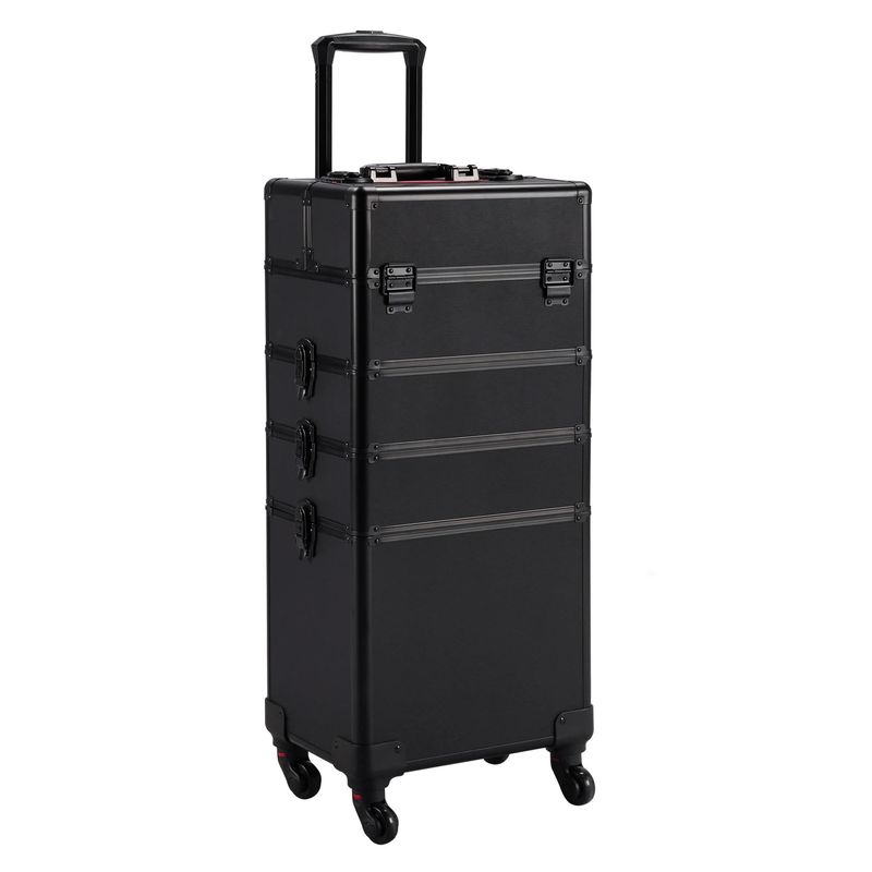 Yaheetech 4 in 1 Professional Makeup Train Case Aluminum Cosmetic Case Rolling Makeup Case Extra Large Trolley Makeup Travel Organizer, with 360 Swivel Wheels, Black