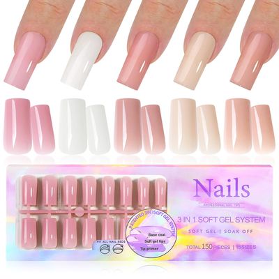 EternalClassic Square Press On Nails Long, Pre-colored Gel Press on Nails Square Nail Tips, 5 Colors Soft Gel Nails False Nail Kit, 150pcs Acrylic Nails Press ons Long Fake Nails