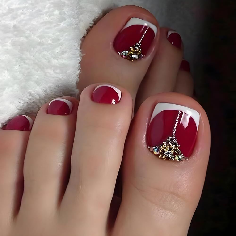 Red Press on Toenails French Tip Fake Toenail Rhinestone False Nail for Toe Red Glossy Full Cover Toe Nails Bling Artificial Toenails Acrylic Foot Nail Tips for Women and Girls 24Pcs Toenails Decor