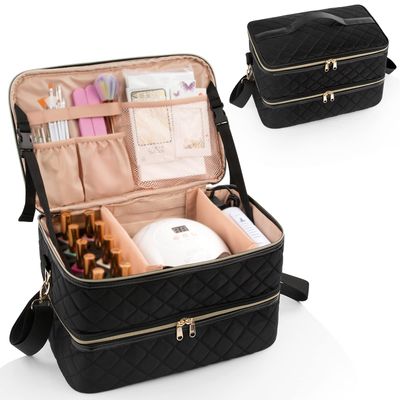 Ethereal Nail Polish Organizer Case Holds 50 Bottles(15ml/0.5fl.oz) and Nail Lamp, Double Layer Nail Polish Storage Bag for Nail Kit, Manicure Tools, Black