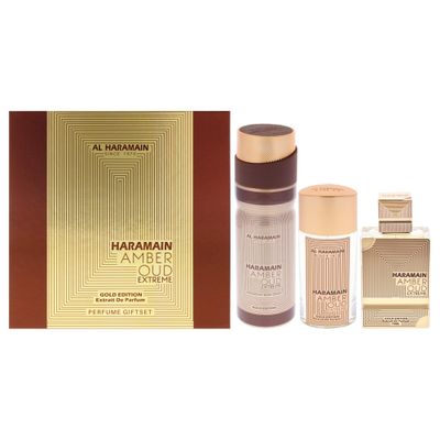 Al Haramain Amber Oud Gold Edition Extreme 3 Pc Gift Set - Unisex Luxury Cologne - Perfume for Men &amp; Women - 2.5oz EDP Spray, 1oz EDP Spray, 6.6oz Body Spray - Arabian &amp; Arabic Long Lasting Fragrance