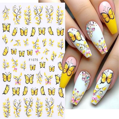Yellow Bee and Butterfly 3D Self-Adhesive Nail Sticker Summer Fall Winter Nail Art Sticker for Women Girls Manicure Decor