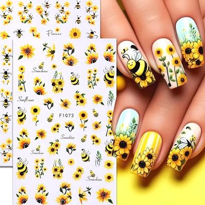 Yellow Bee and Butterfly 3D Self-Adhesive Nail Sticker Summer Fall Winter Nail Art Sticker for Women Girls Manicure Decor