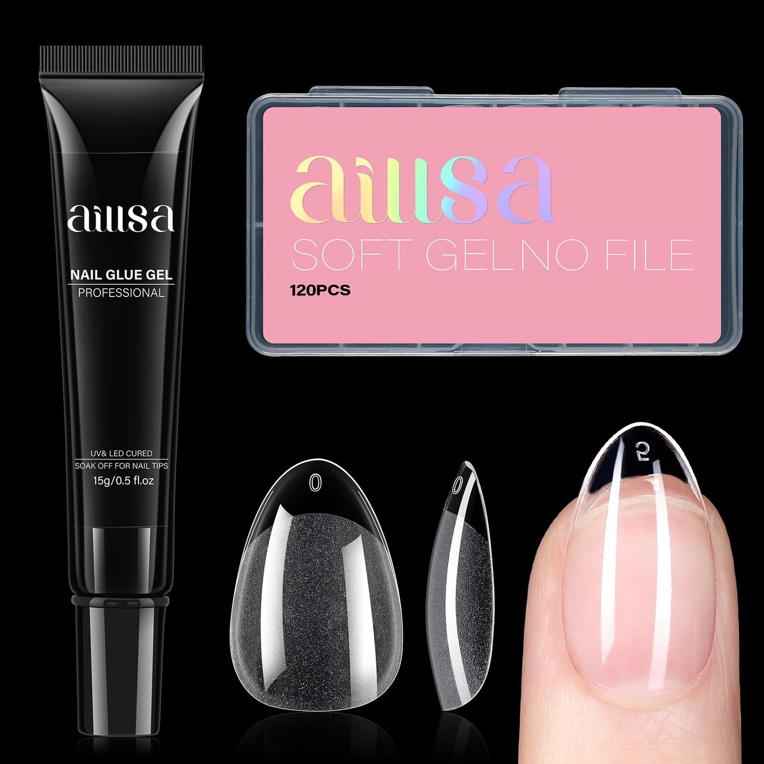 AILLSA Short Almond Nail Tips with Solid Nail Glue Gel Nail Tips Full Cover False Nail Tips Half Matte Gelly Fake Nails Tips Glue Gel Curing Needed for DIY Home Salon (120PCS 12Sizes)