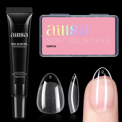 AILLSA Short Almond Nail Tips with Solid Nail Glue Gel Nail Tips Full Cover False Nail Tips Half Matte Gelly Fake Nails Tips Glue Gel Curing Needed for DIY Home Salon (120PCS 12Sizes)