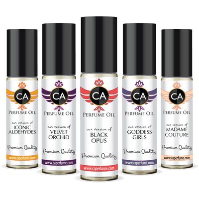CA Perfume All Time Classic Women Set of (Iconic Aldehydes Velvet Orchid Black Opus Goddess Girls Madame Couture) Fragrance Body Oils Essential Travel Size Roll-On (0.3 Fl Oz/10 ml) x5