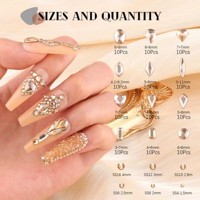 2680Pcs Champagne Gold Glass Nail Rhinestones 120Pcs Multi Shapes Flatback Nail Gems 2560Pcs 1.5-4mm Round Crystal, Manicure Nail Charms Diamond Gemstones for Acrylic Nails Decoration