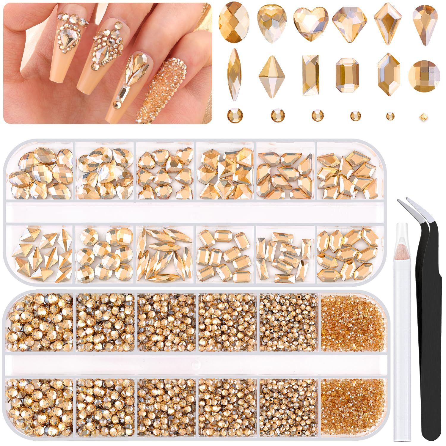 2680Pcs Champagne Gold Glass Nail Rhinestones 120Pcs Multi Shapes Flatback Nail Gems 2560Pcs 1.5-4mm Round Crystal, Manicure Nail Charms Diamond Gemstones for Acrylic Nails Decoration