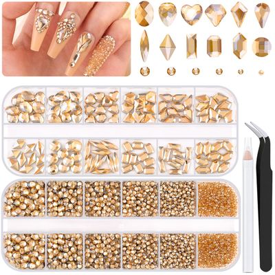 2680Pcs Champagne Gold Glass Nail Rhinestones 120Pcs Multi Shapes Flatback Nail Gems 2560Pcs 1.5-4mm Round Crystal, Manicure Nail Charms Diamond Gemstones for Acrylic Nails Decoration